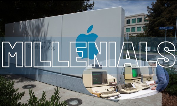 Image of Apple HQ monument sign with "Millenials" in foreground