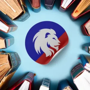 350px by 350px image of the Lionheart logo surrounded by books arranged in a circle