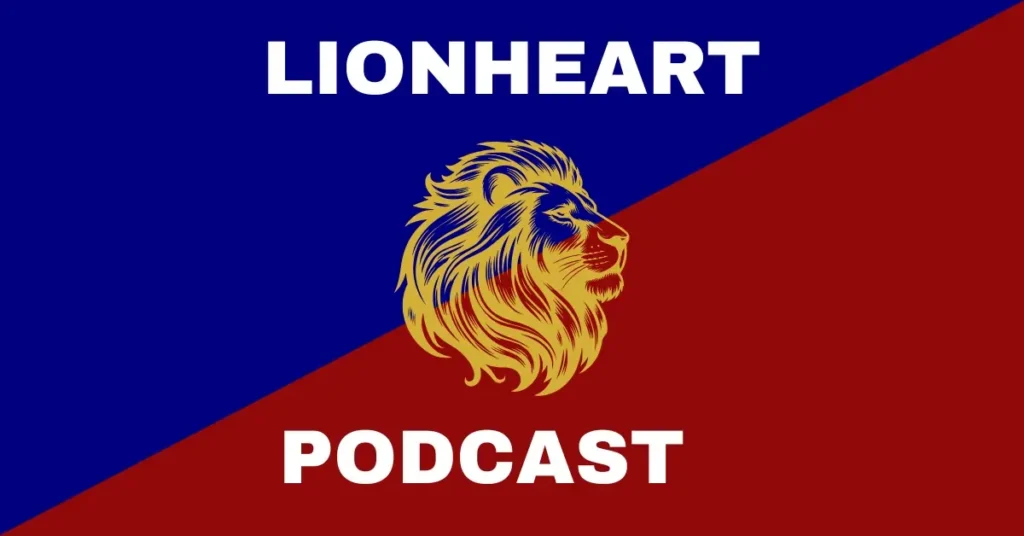 Dark blue and dark red rectangle overlapped with a golden lion head with the words, Lionheart Podcast.